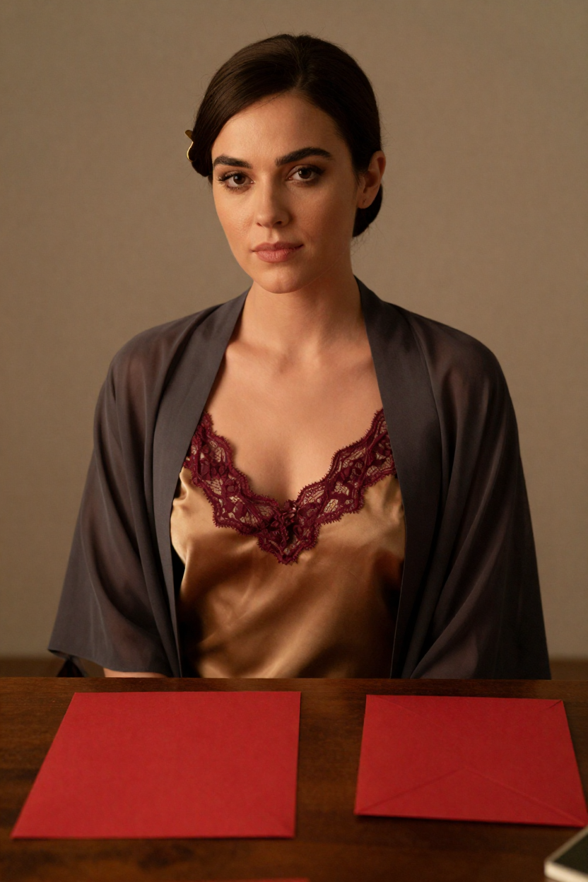 Fictional 29-year-old woman, dark chestnut hair in a smooth low chignon held with a plain gold