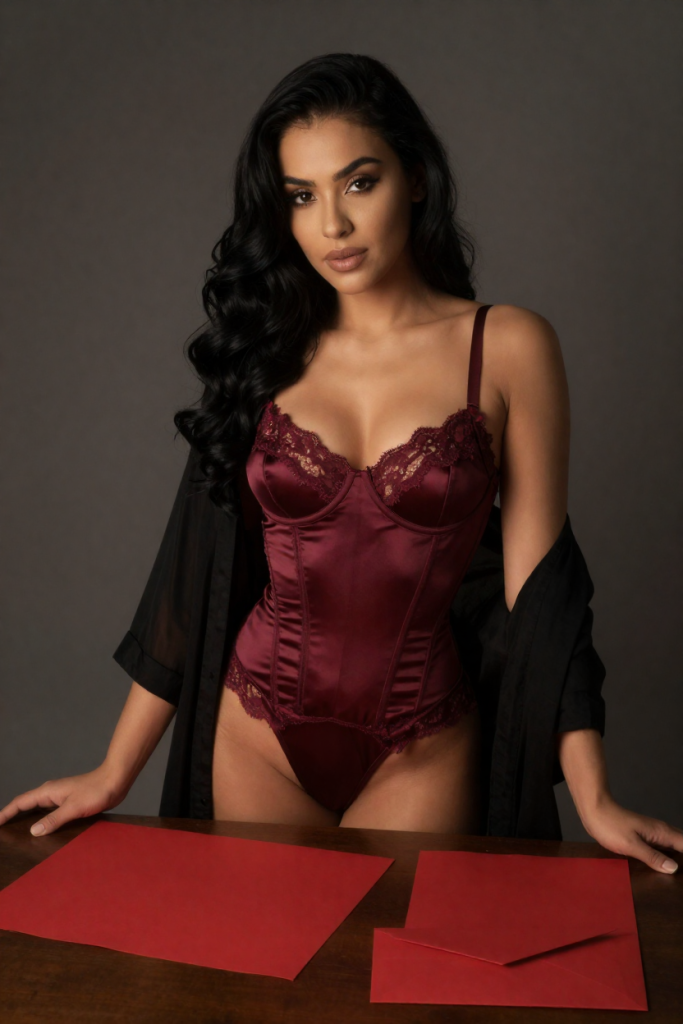 Fictional 28-year-old woman in a deep wine-red satin corset beside completely blank red paper sheets and a blank folded red paper envelope at FuliHongbao